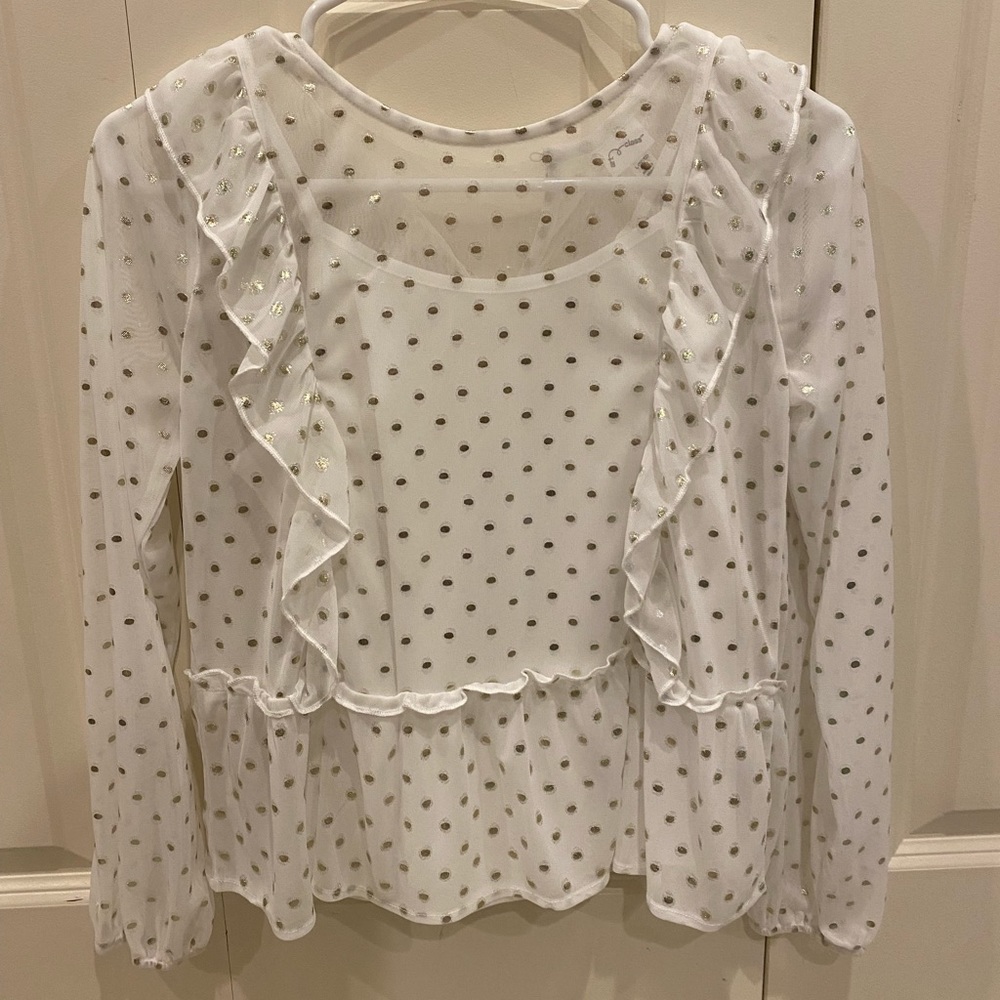 White Blouse w/ Gold Polka Dots Size L (10/12)
